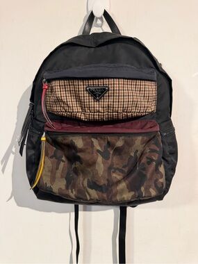 Prada Black Nylon Backpack with Camouflage and Houndstooth Pockets